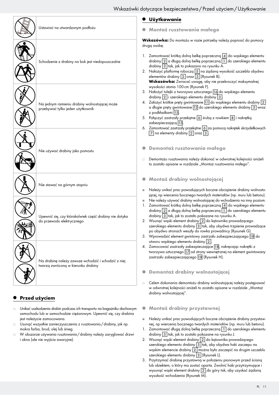 Przed użyciem, Użytkowanie, Montaż rusztowania małego | Demontaż rusztowania małego, Montaż drabiny wolnostojącej, Demontaż drabiny wolnostojącej, Montaż drabiny przystawnej | Powerfix Z29798 User Manual | Page 11 / 45