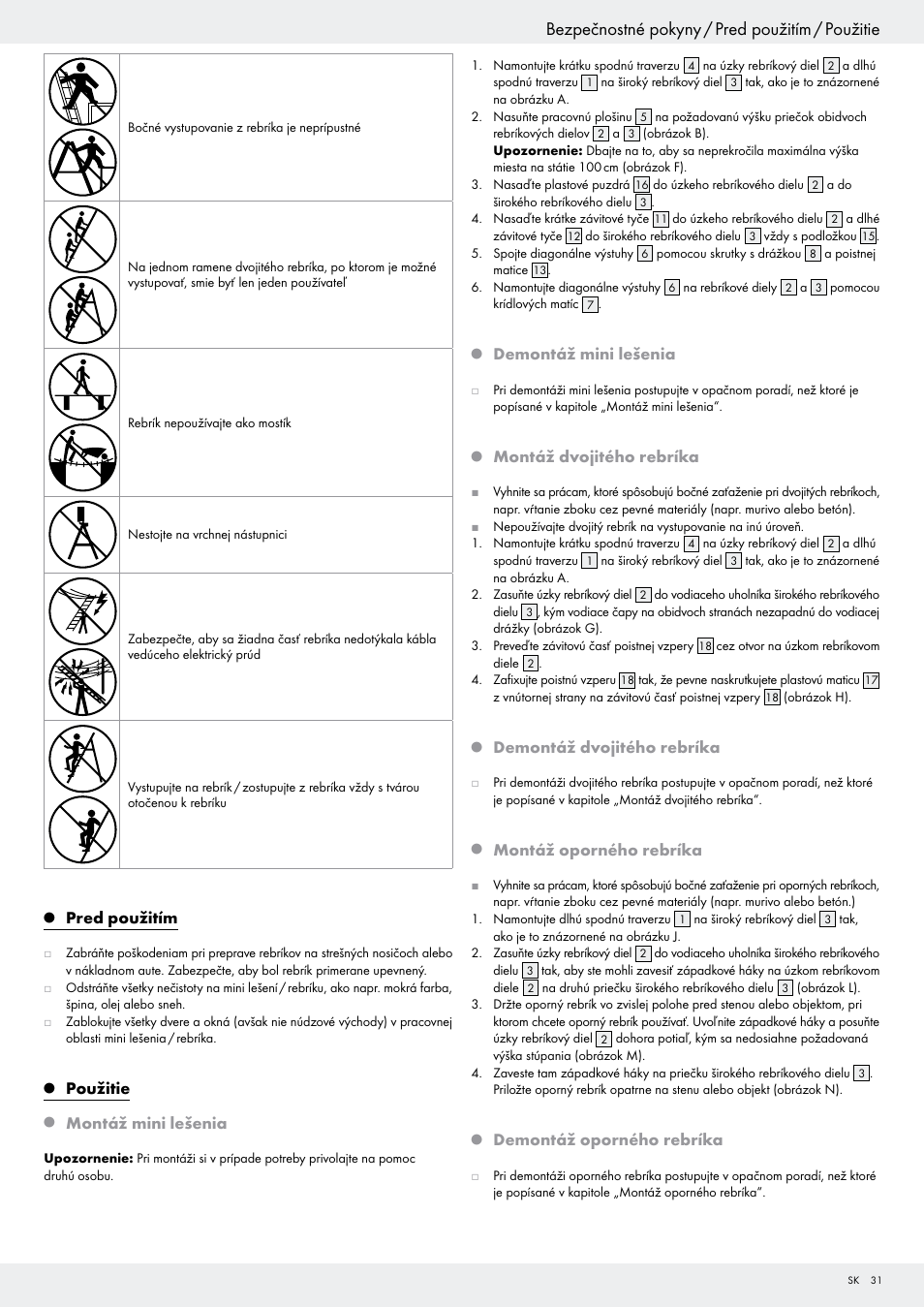 Bezpečnostné pokyny / pred použitím / použitie, Pred použitím, Použitie | Montáž mini lešenia, Demontáž mini lešenia, Montáž dvojitého rebríka, Demontáž dvojitého rebríka, Montáž oporného rebríka, Demontáž oporného rebríka | Powerfix Z29798 User Manual | Page 31 / 45