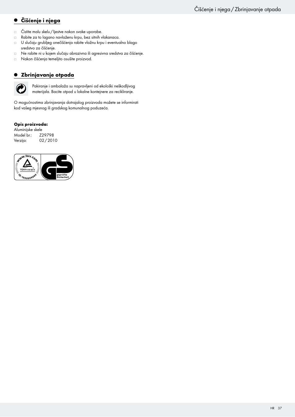 Čišćenje i njega / zbrinjavanje otpada | Powerfix Z29798 User Manual | Page 37 / 45