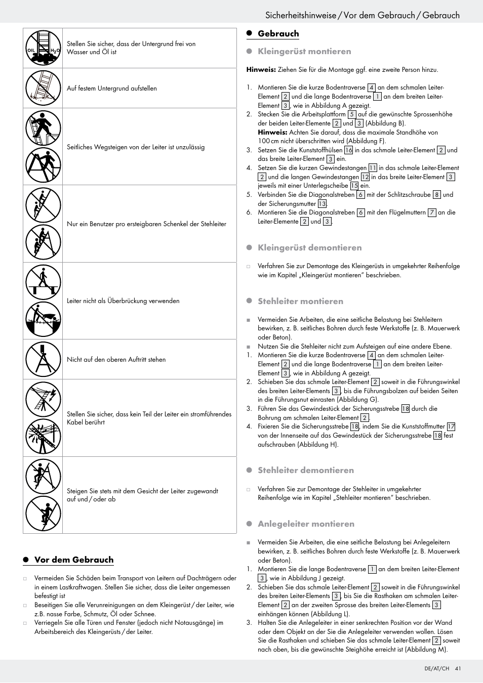 Sicherheitshinweise / vor dem gebrauch / gebrauch, Vor dem gebrauch, Gebrauch | Kleingerüst montieren, Kleingerüst demontieren, Stehleiter montieren, Stehleiter demontieren, Anlegeleiter montieren | Powerfix Z29798 User Manual | Page 41 / 45