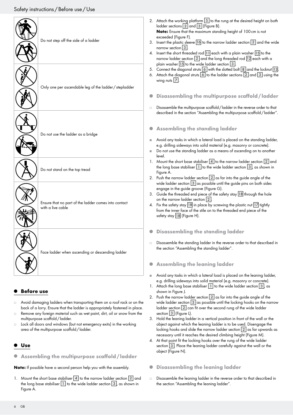 Safety instructions / before use / use, Before use, Assembling the multipurpose scaffold / ladder | Disassembling the multipurpose scaffold / ladder, Assembling the standing ladder, Disassembling the standing ladder, Assembling the leaning ladder, Disassembling the leaning ladder | Powerfix Z29798 User Manual | Page 6 / 45