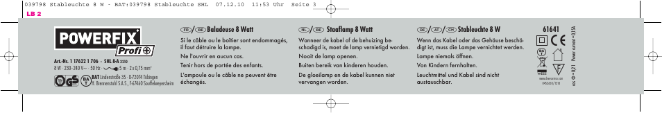 Baladeuse 8 watt, Staaﬂamp 8 watt, Stableuchte 8 w | Powerfix Work Lamp User Manual | Page 3 / 8