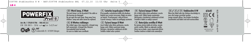 Work lamp, 8 watt, 8 wattos rúdlámpa, Latarka inspekcyjna 8 watt | Tyčová lampa 8 watt, Baterijska svetilka 8 watt, Stableuchte 8 w | Powerfix Work Lamp User Manual | Page 5 / 8