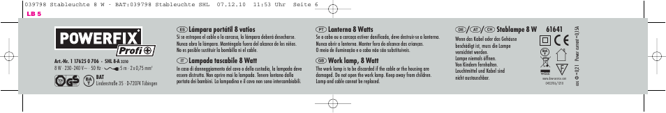Lámpara portátil 8 vatios, Lampada tascabile 8 watt, Lanterna 8 watts | Work lamp, 8 watt, Stablampe 8 w | Powerfix Work Lamp User Manual | Page 6 / 8