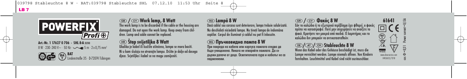Work lamp, 8 watt, Štap svijetiljka 8 watt, Lampă 8 w | Пръчковидна лампа 8 w, Φακός 8 w, Stableuchte 8 w | Powerfix Work Lamp User Manual | Page 8 / 8