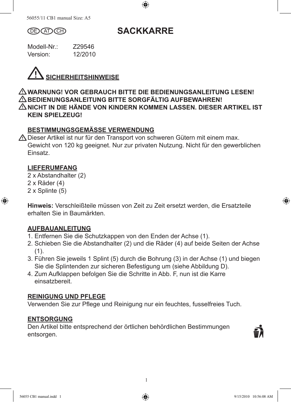 Sackkarre | Powerfix Z29546 User Manual | Page 2 / 6