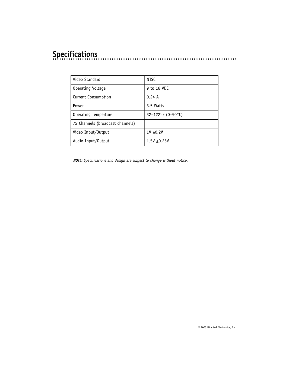Ssp peecciiffiiccaattiio on nss | Directed Video TV100 User Manual | Page 10 / 11