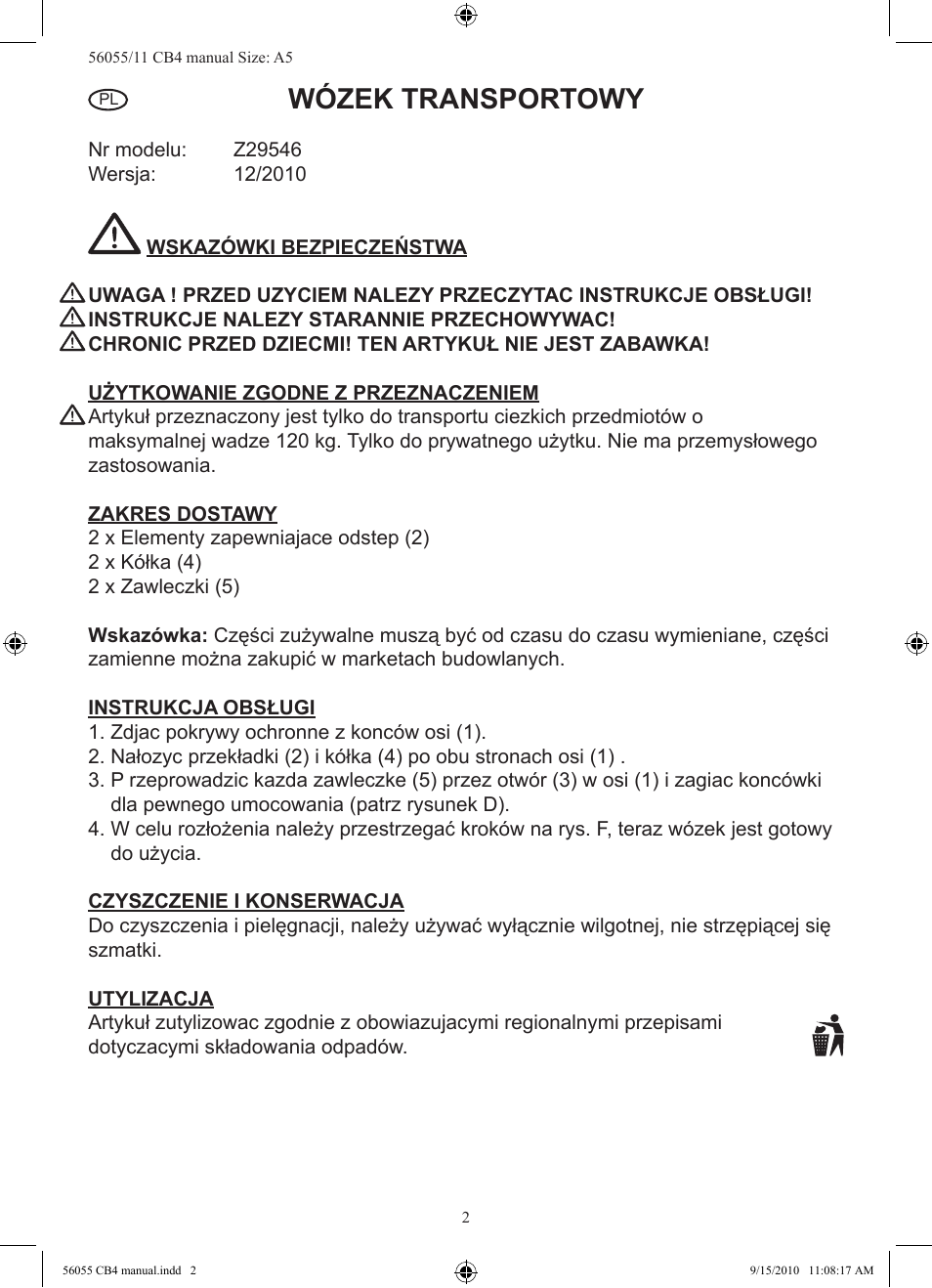 Wózek transportowy | Powerfix Z29546 User Manual | Page 3 / 9