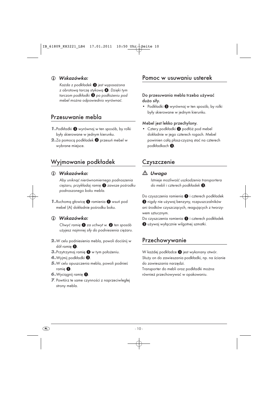 Przesuwanie mebla, Wyjmowanie podkładek, Pomoc w usuwaniu usterek | Czyszczenie, Przechowywanie | Powerfix KH 3221 User Manual | Page 12 / 43
