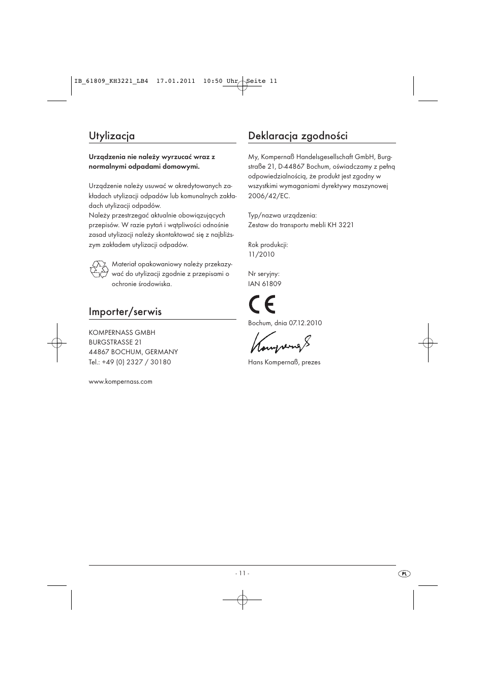 Utylizacja, Importer/serwis, Deklaracja zgodności | Powerfix KH 3221 User Manual | Page 13 / 43