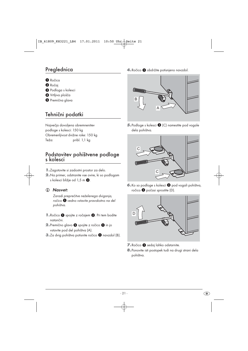 Preglednica, Tehnični podatki, Podstavitev pohištvene podloge s kolesci | Powerfix KH 3221 User Manual | Page 23 / 43