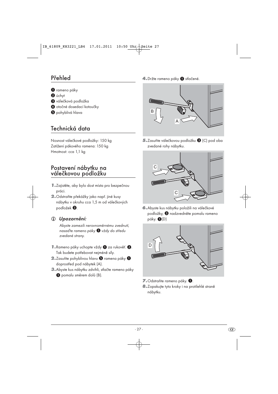 Přehled, Technická data, Postavení nábytku na válečkovou podložku | Powerfix KH 3221 User Manual | Page 29 / 43