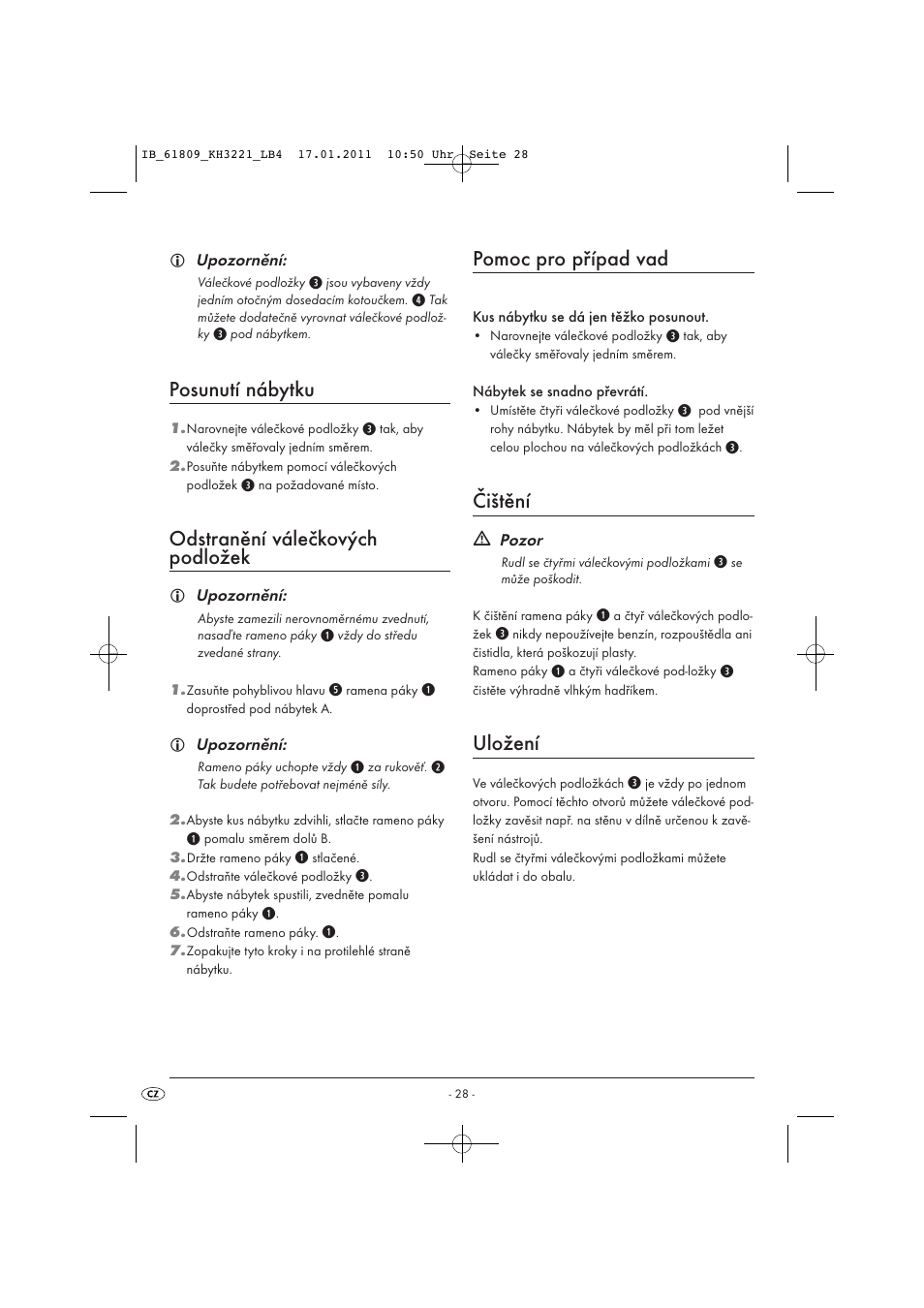 Posunutí nábytku, Odstranění válečkových podložek, Pomoc pro případ vad | Čištění, Uložení | Powerfix KH 3221 User Manual | Page 30 / 43