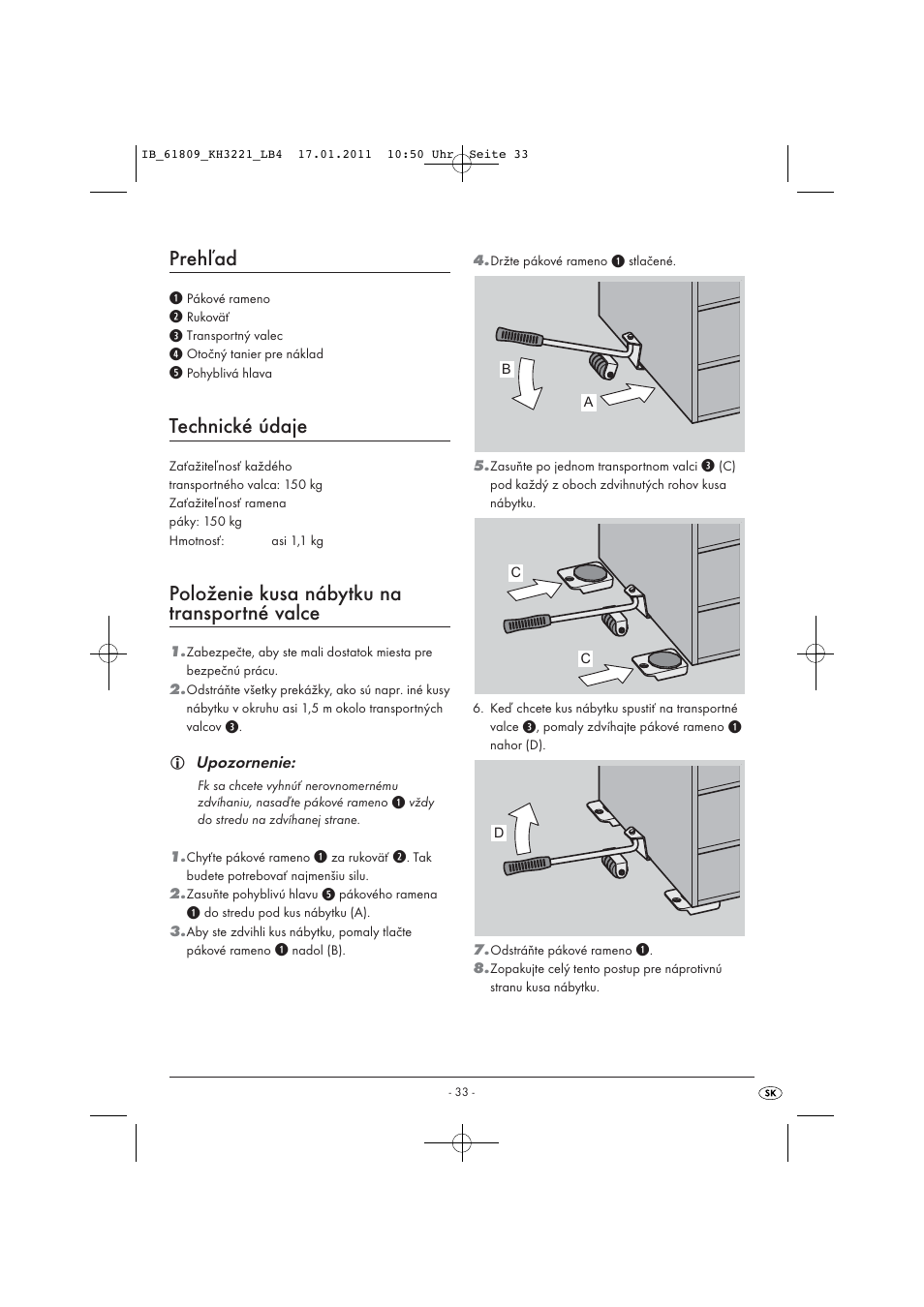 Prehľad, Technické údaje, Položenie kusa nábytku na transportné valce | Powerfix KH 3221 User Manual | Page 35 / 43