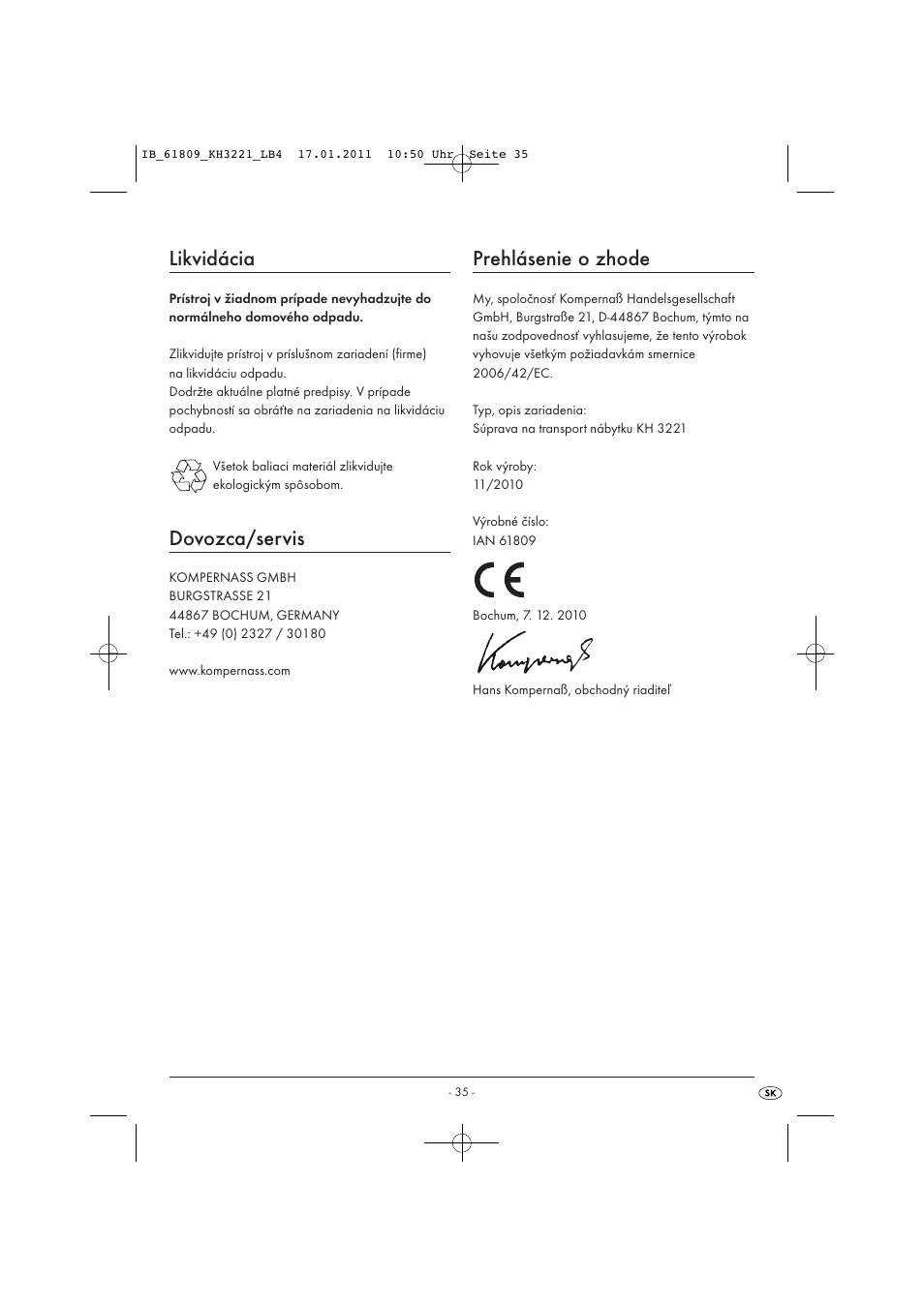 Likvidácia, Dovozca/servis, Prehlásenie o zhode | Powerfix KH 3221 User Manual | Page 37 / 43