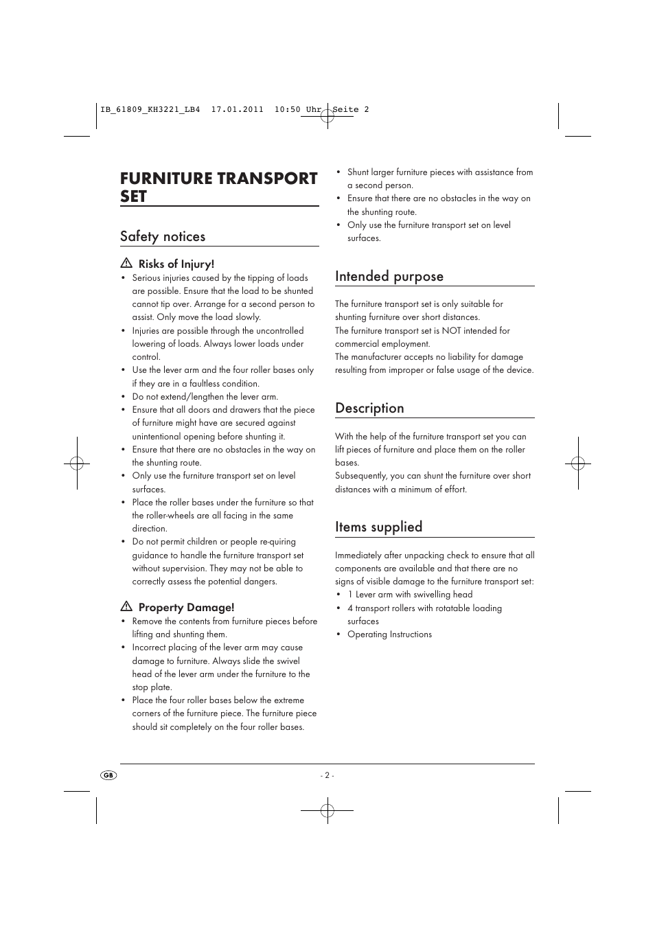 Furniture transport set, Safety notices, Intended purpose | Description, Items supplied | Powerfix KH 3221 User Manual | Page 4 / 43