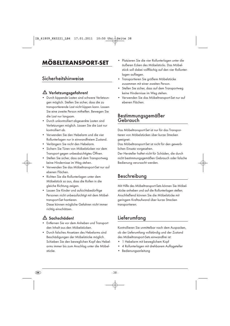 Möbeltransport-set, Bestimmungsgemäßer gebrauch, Beschreibung | Lieferumfang, Sicherheitshinweise | Powerfix KH 3221 User Manual | Page 40 / 43