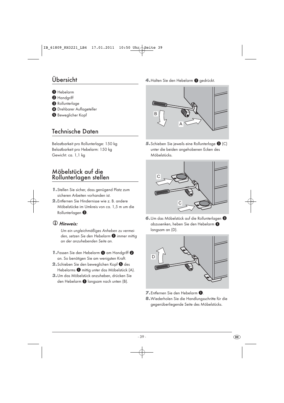 Übersicht, Technische daten, Möbelstück auf die rollunterlagen stellen | Powerfix KH 3221 User Manual | Page 41 / 43