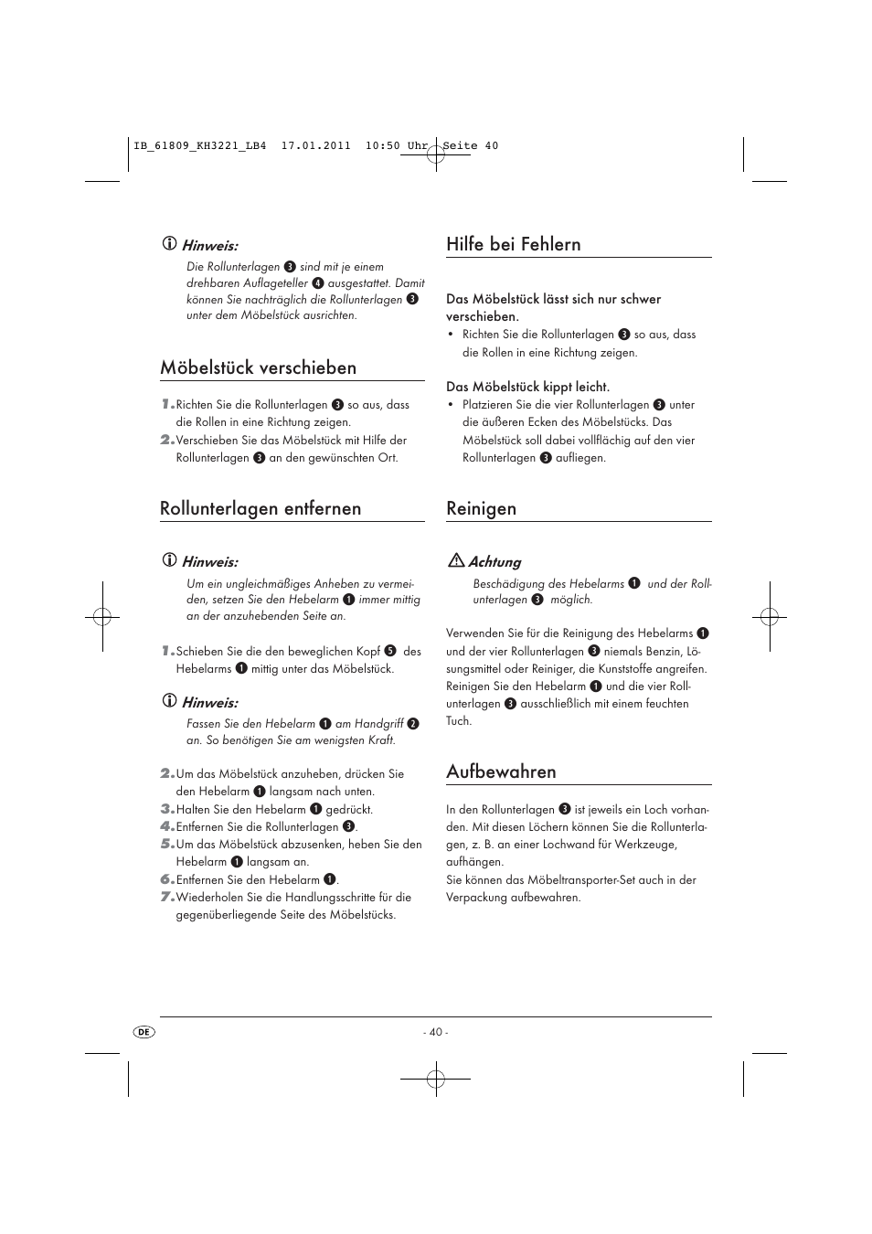 Hilfe bei fehlern, Reinigen, Aufbewahren | Möbelstück verschieben, Rollunterlagen entfernen | Powerfix KH 3221 User Manual | Page 42 / 43