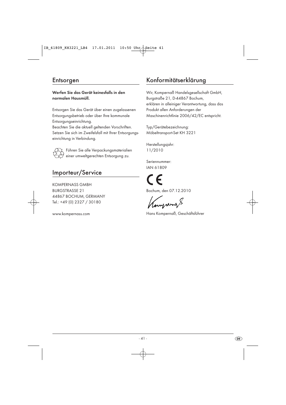 Entsorgen, Importeur/service, Konformitätserklärung | Powerfix KH 3221 User Manual | Page 43 / 43