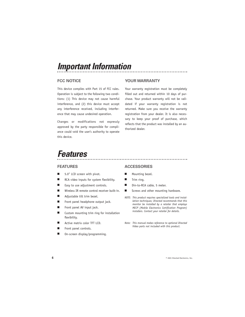 Important information, Features | Directed Video HVM500 User Manual | Page 6 / 15