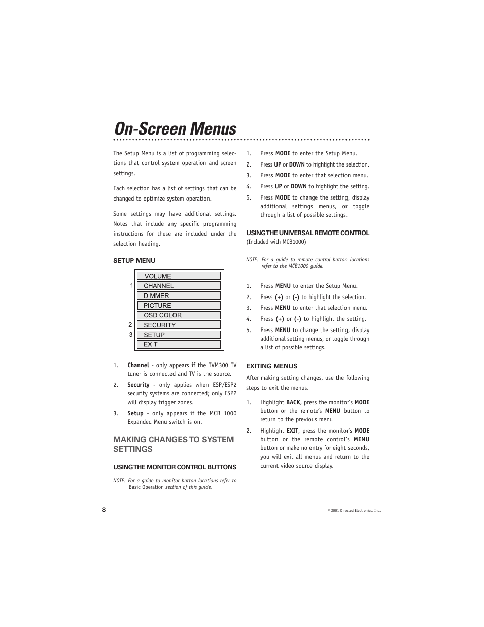 On-screen menus | Directed Video HVM500 User Manual | Page 8 / 15