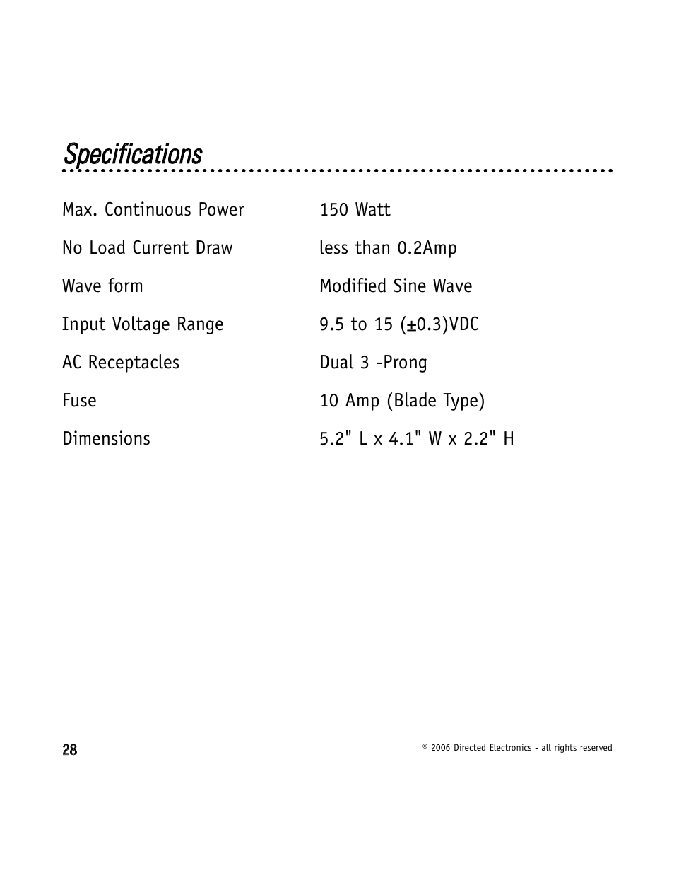 Ssppeecciiffiiccaattiioonnss | Directed Video VDC301 User Manual | Page 28 / 30