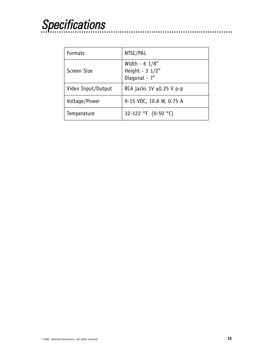Ssppeecciiffiiccaattiioonnss | Directed Video HVM700 User Manual | Page 15 / 16