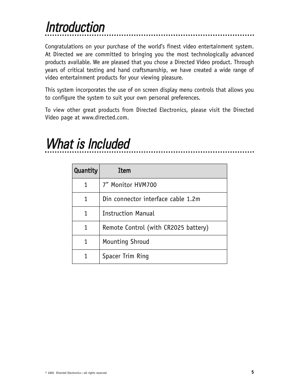 Iinnttrroodduuccttiioonn, Wwhhaatt iiss iinncclluuddeedd | Directed Video HVM700 User Manual | Page 5 / 16