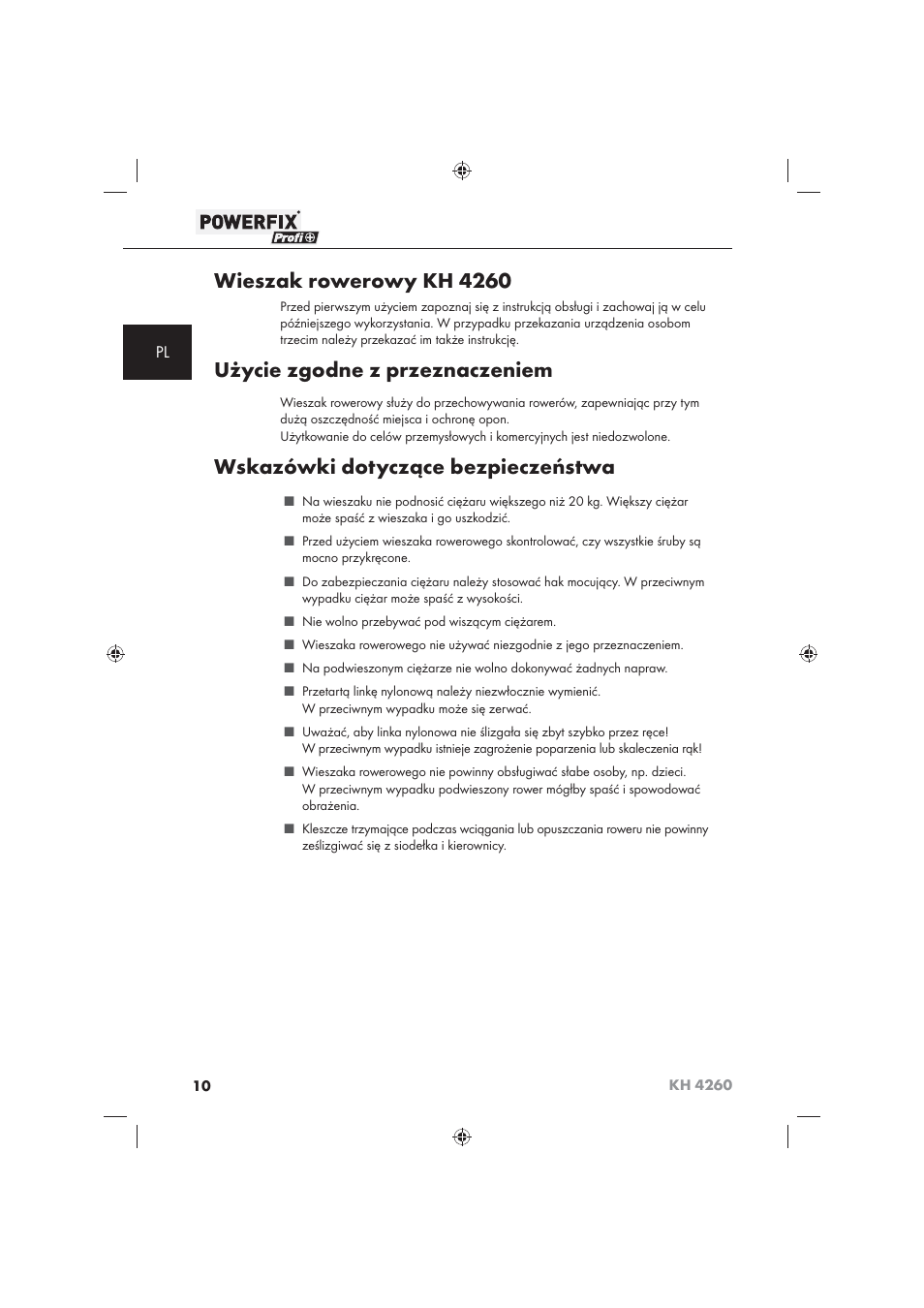 Wieszak rowerowy kh 4260, Użycie zgodne z przeznaczeniem, Wskazówki dotyczące bezpieczeństwa | Powerfix KH 4260 User Manual | Page 11 / 57