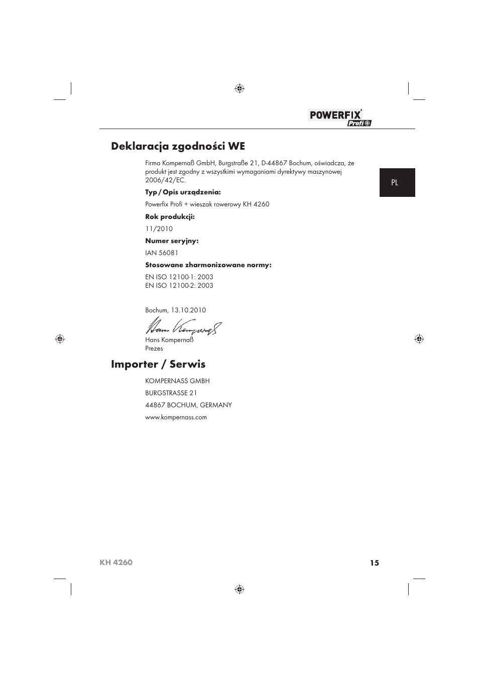 Deklaracja zgodności we, Importer / serwis | Powerfix KH 4260 User Manual | Page 16 / 57