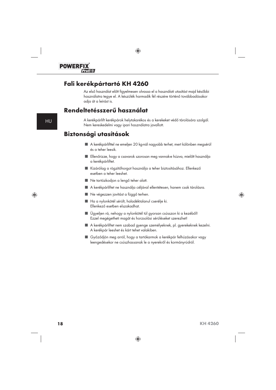 Fali kerékpártartó kh 4260, Rendeltetésszerű használat, Biztonsági utasítások | Powerfix KH 4260 User Manual | Page 19 / 57