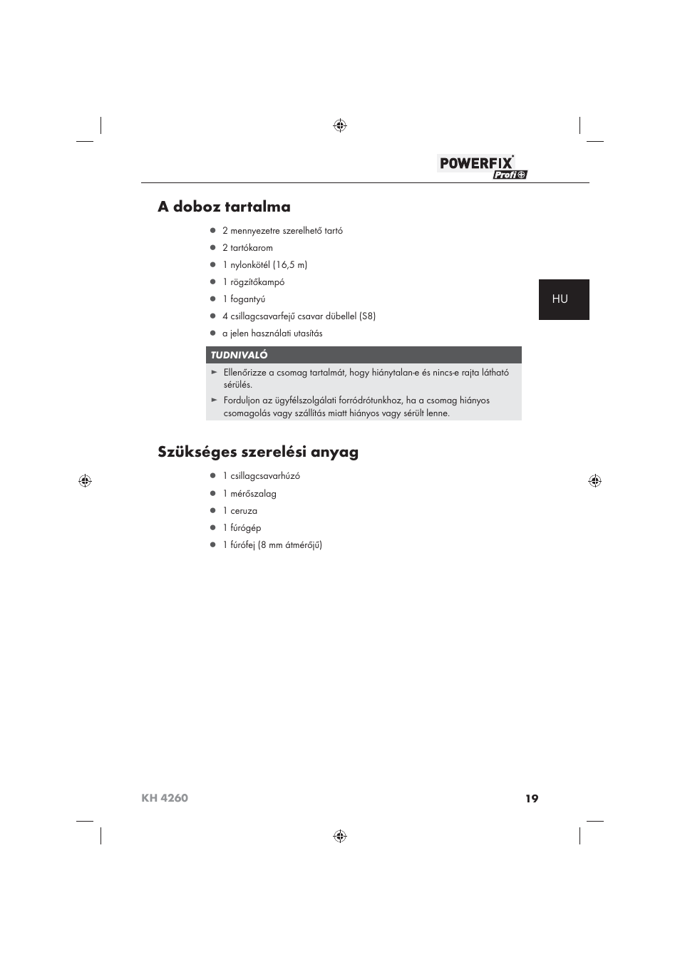 A doboz tartalma, Szükséges szerelési anyag | Powerfix KH 4260 User Manual | Page 20 / 57