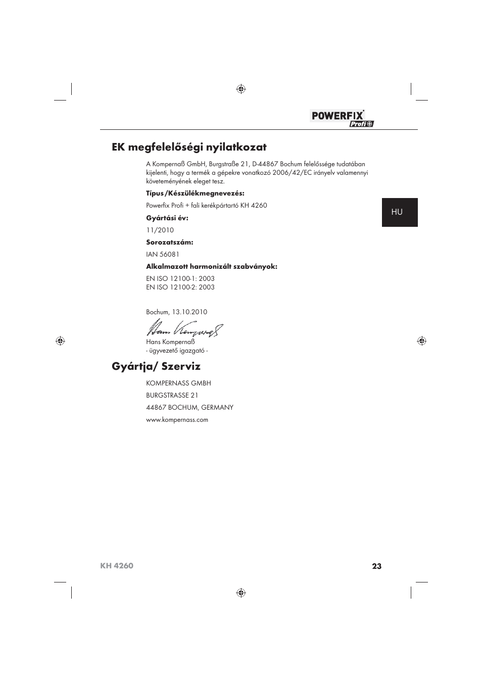 Ek megfelelőségi nyilatkozat, Gyártja/ szerviz | Powerfix KH 4260 User Manual | Page 24 / 57