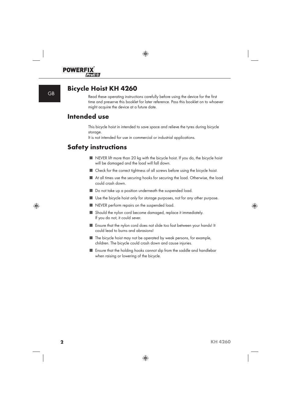 Bicycle hoist kh 4260, Intended use, Safety instructions | Powerfix KH 4260 User Manual | Page 3 / 57