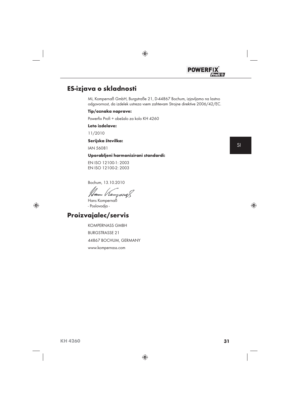 Es-izjava o skladnosti, Proizvajalec/servis | Powerfix KH 4260 User Manual | Page 32 / 57