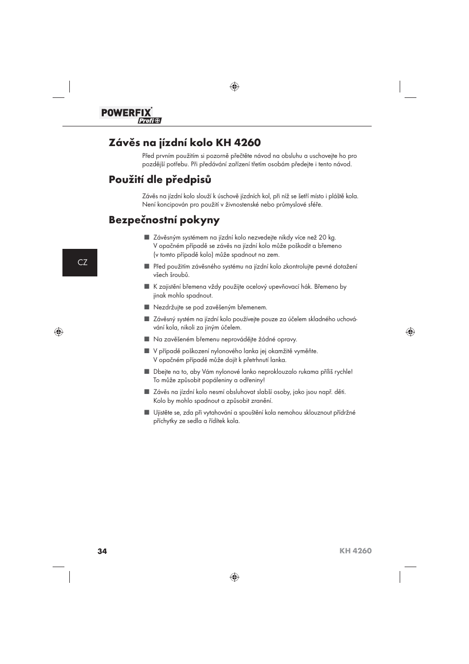 Závěs na jízdní kolo kh 4260, Použití dle předpisů, Bezpečnostní pokyny | Powerfix KH 4260 User Manual | Page 35 / 57