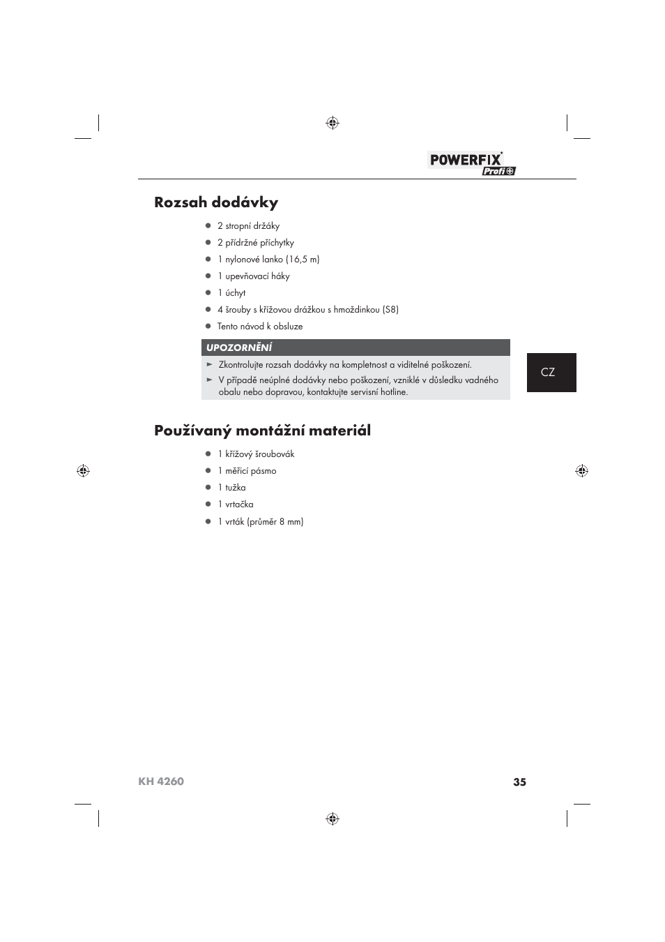 Rozsah dodávky, Používaný montážní materiál | Powerfix KH 4260 User Manual | Page 36 / 57