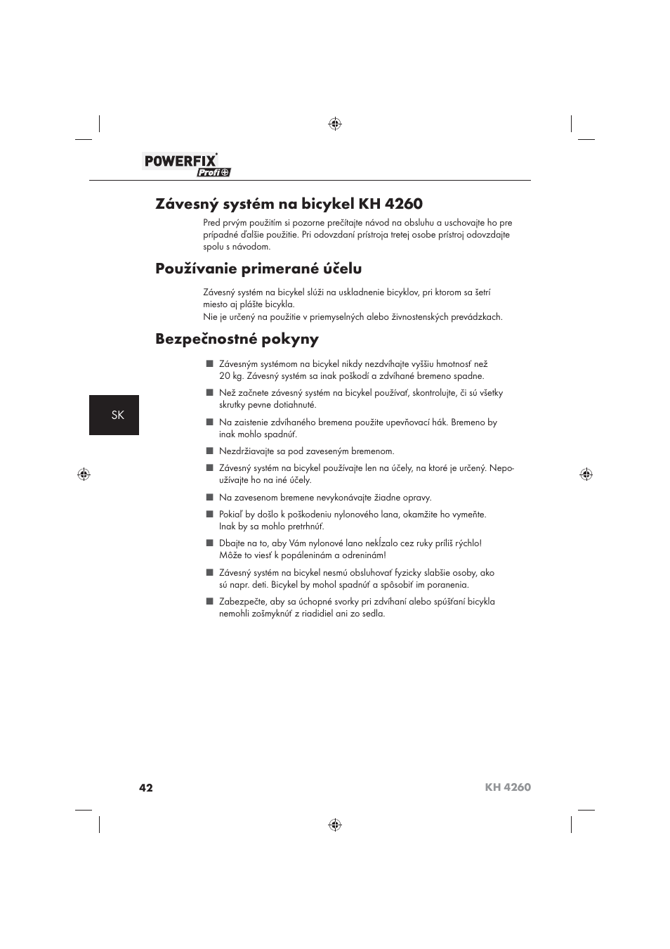 Závesný systém na bicykel kh 4260, Používanie primerané účelu, Bezpečnostné pokyny | Powerfix KH 4260 User Manual | Page 43 / 57