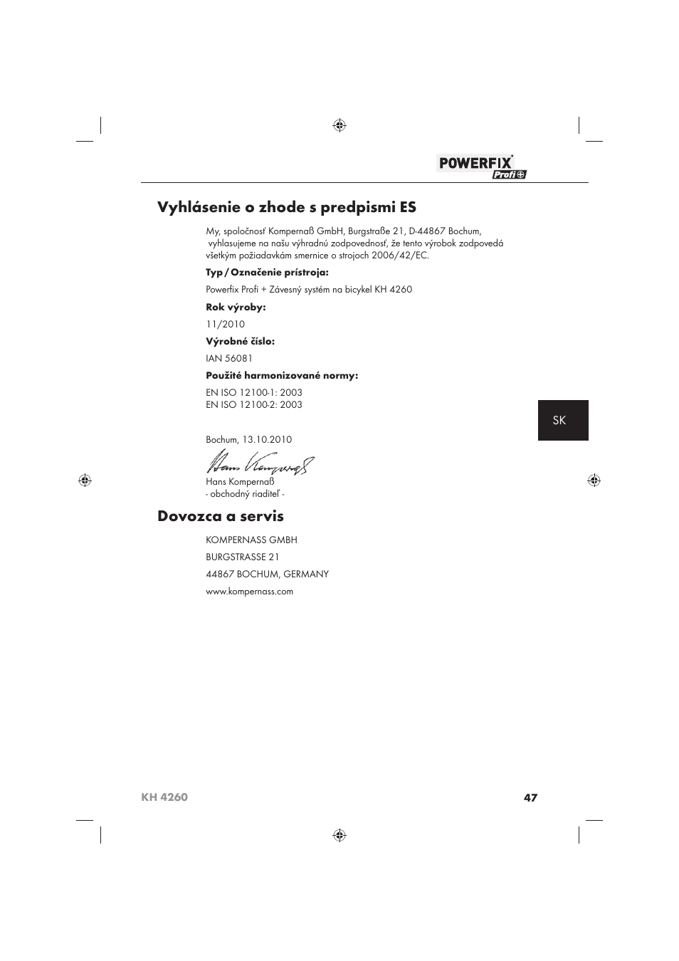 Vyhlásenie o zhode s predpismi es, Dovozca a servis | Powerfix KH 4260 User Manual | Page 48 / 57