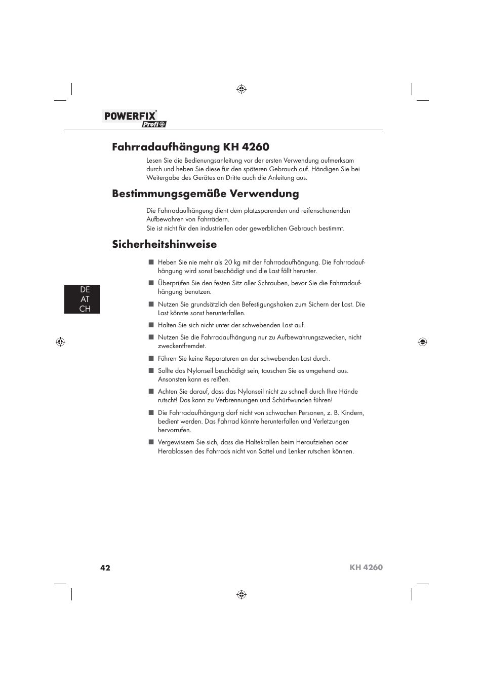 Fahrradaufhängung kh 4260, Bestimmungsgemäße verwendung, Sicherheitshinweise | De at ch | Powerfix KH 4260 User Manual | Page 51 / 57