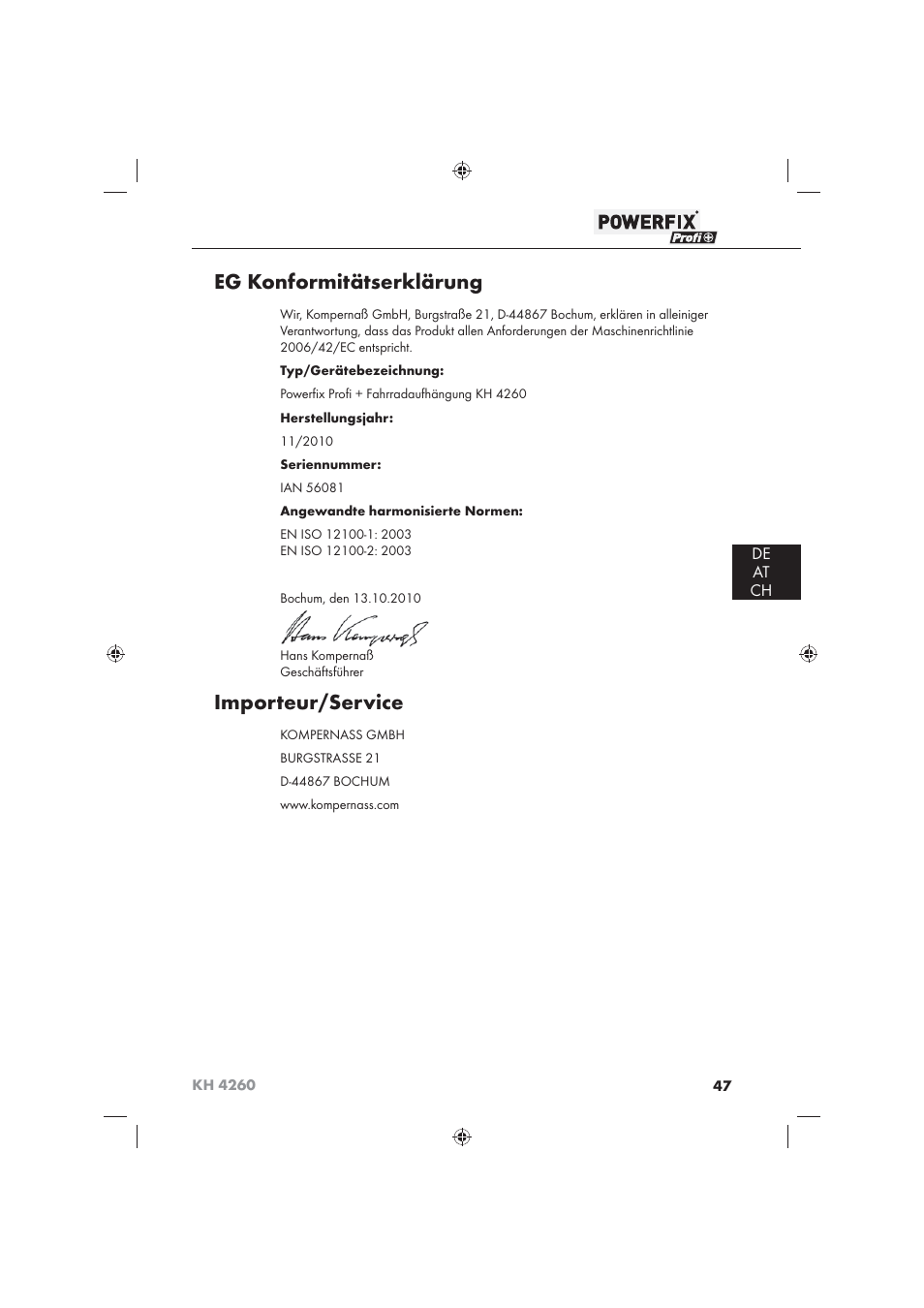 Eg konformitätserklärung, Importeur/service, De at ch | Powerfix KH 4260 User Manual | Page 56 / 57