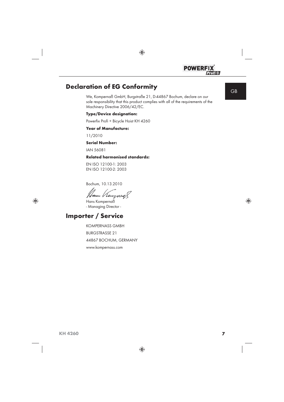 Declaration of eg conformity, Importer / service | Powerfix KH 4260 User Manual | Page 8 / 57