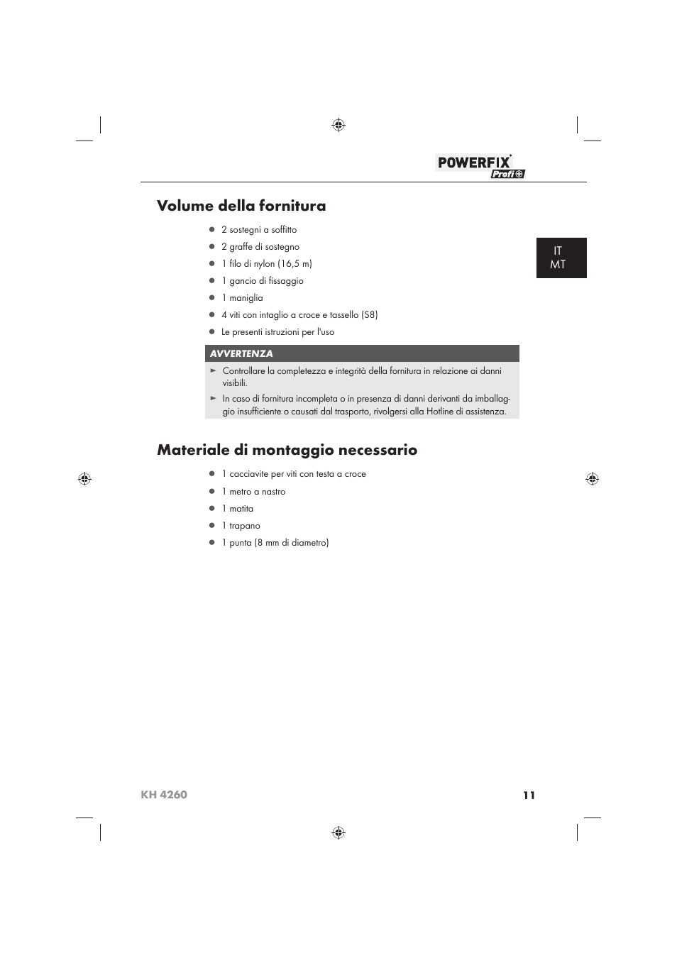 Volume della fornitura, Materiale di montaggio necessario, It mt | Powerfix KH 4260 User Manual | Page 12 / 41