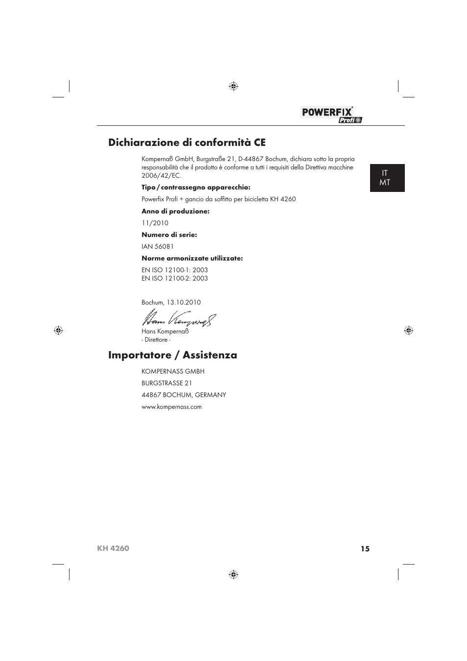 Dichiarazione di conformità ce, Importatore / assistenza, It mt | Powerfix KH 4260 User Manual | Page 16 / 41