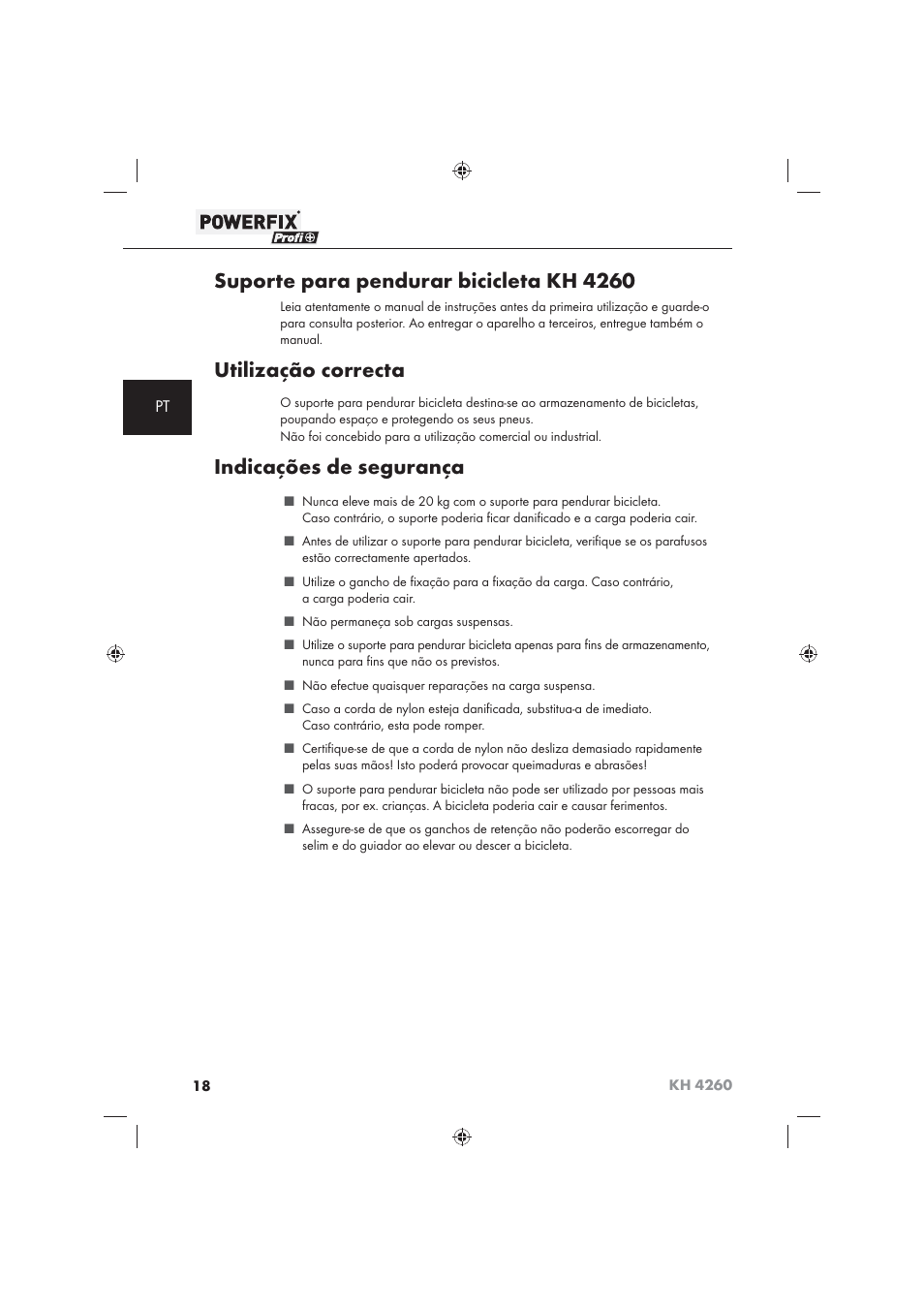 Suporte para pendurar bicicleta kh 4260, Utilização correcta, Indicações de segurança | Powerfix KH 4260 User Manual | Page 19 / 41