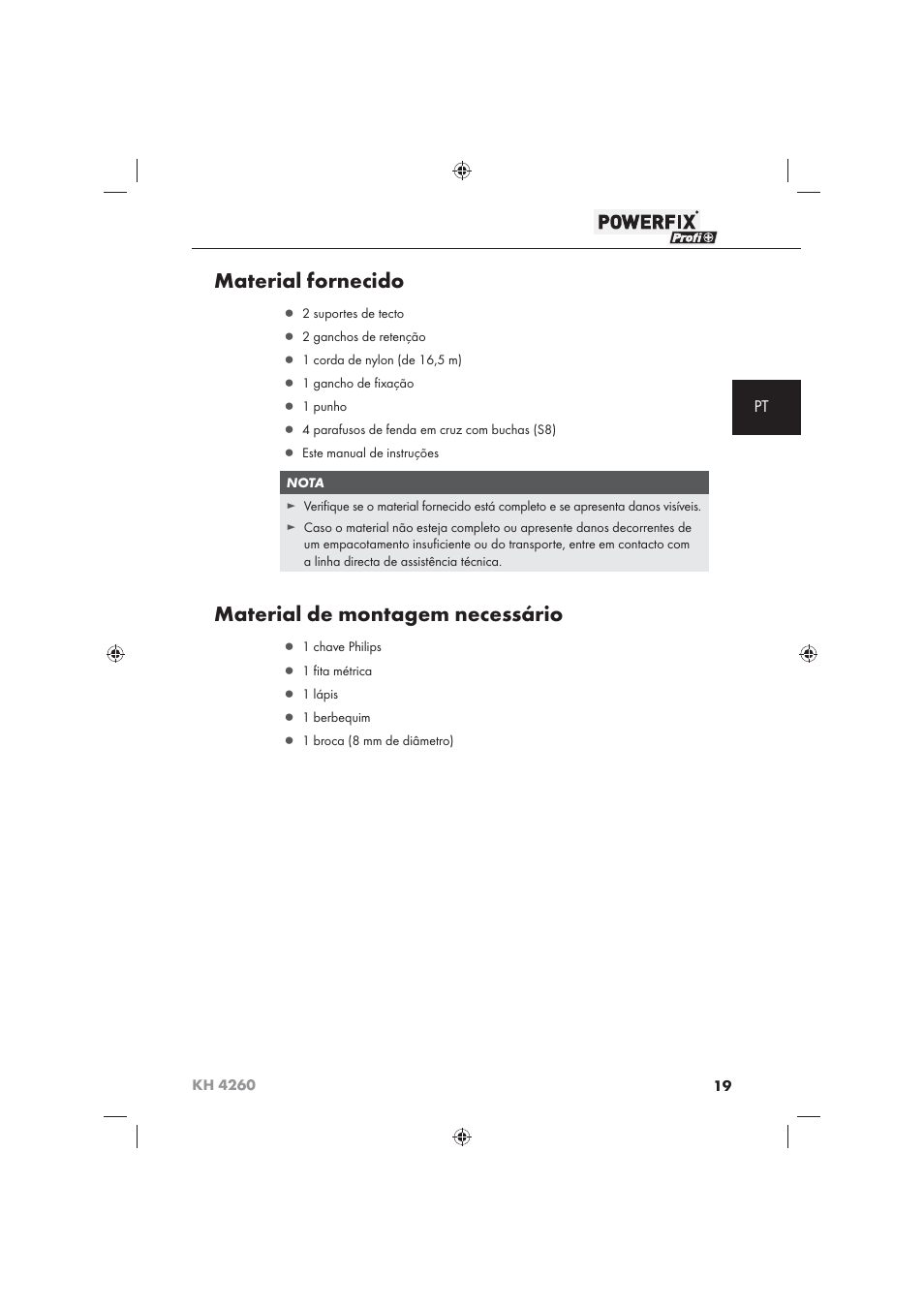 Material fornecido, Material de montagem necessário | Powerfix KH 4260 User Manual | Page 20 / 41