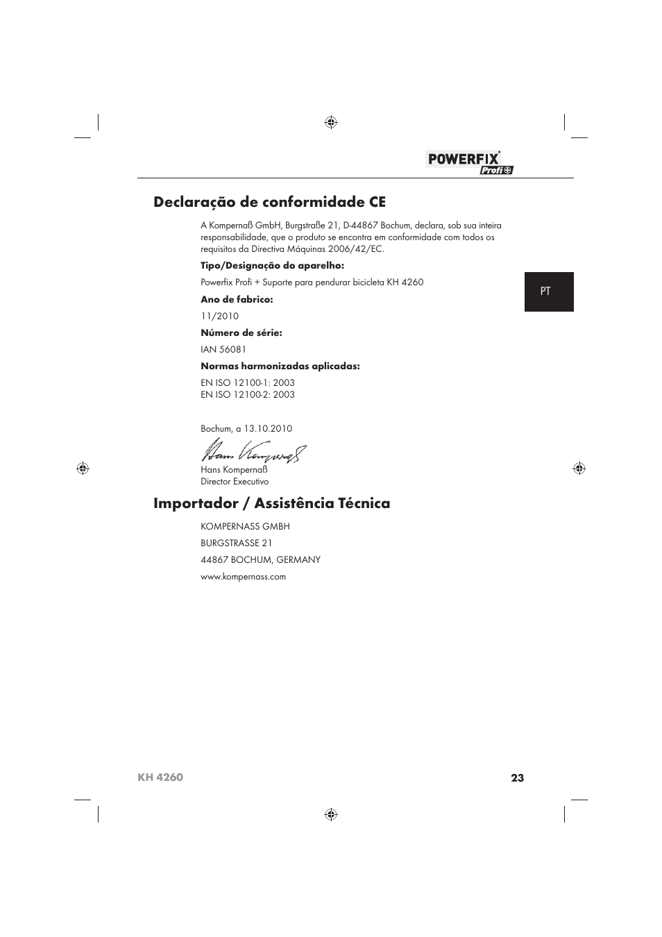 Declaração de conformidade ce, Importador / assistência técnica | Powerfix KH 4260 User Manual | Page 24 / 41