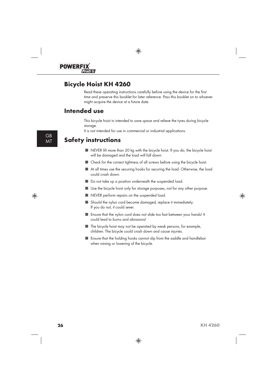 Bicycle hoist kh 4260, Intended use, Safety instructions | Gb mt | Powerfix KH 4260 User Manual | Page 27 / 41