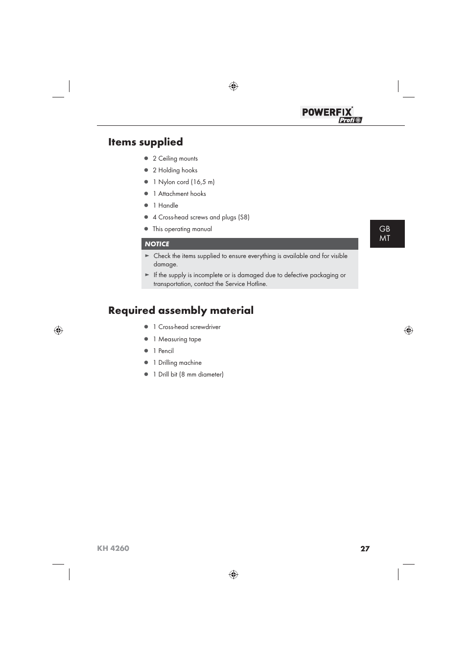 Items supplied, Required assembly material, Gb mt | Powerfix KH 4260 User Manual | Page 28 / 41